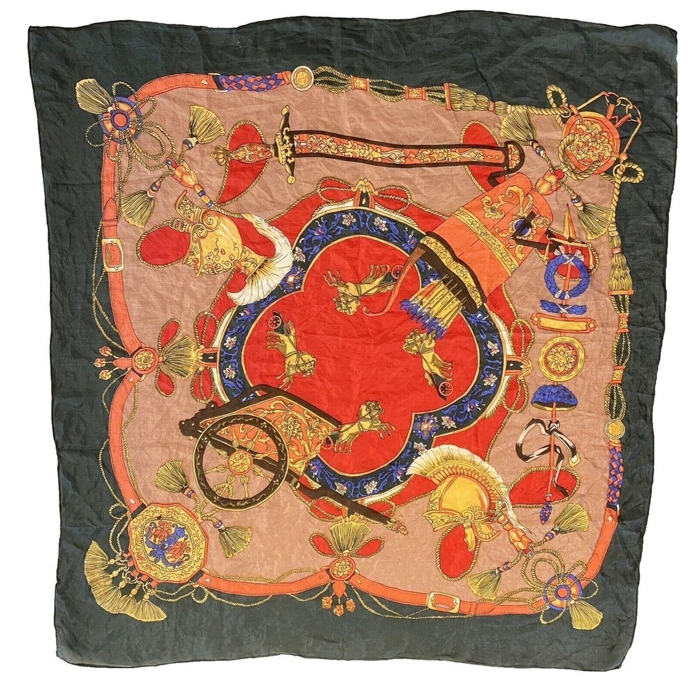 Vintage 33" RJR Roman Gladiator Battle Print Polyester Blue Red Gold Scarf